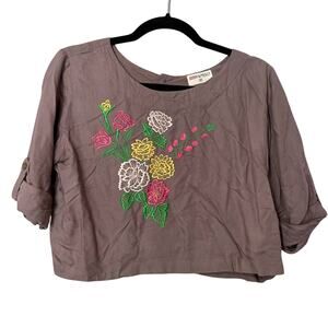 Bombay Paisley Brown Floral Embroidered Cropped Short Sleeve Blouse Women M Boho